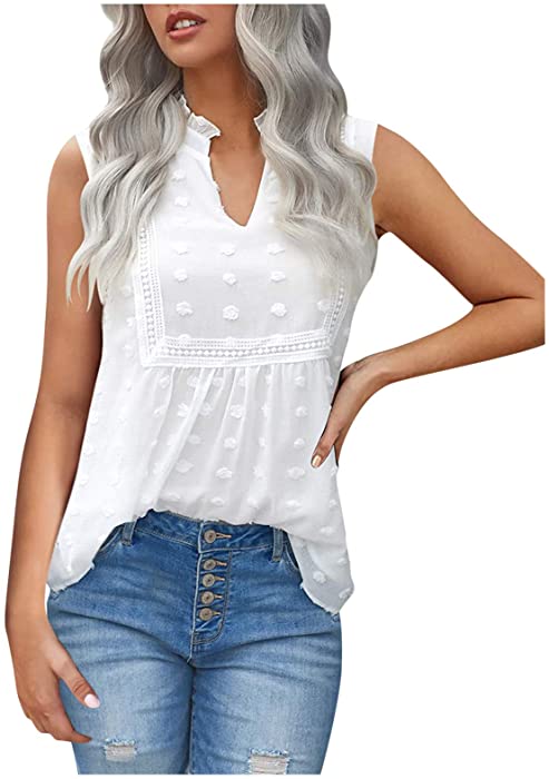 Womens Tops Dressy Casual Chiffon Blouses V Neck 3/4 Sleeve Summer Cute Swiss Dot Flowy T Shirts Loose Pom Pom Blouses