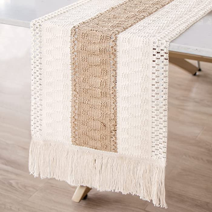 OurWarm Macrame Table Runner Farmhouse Style, Natural Burlap Boho Table Runner Modern Farmhouse Decor Rustic Woven Cotton Crochet Lace for Bohemian, Rustic,Bridal, Shower Wedding, Dinner, 72" x 12"