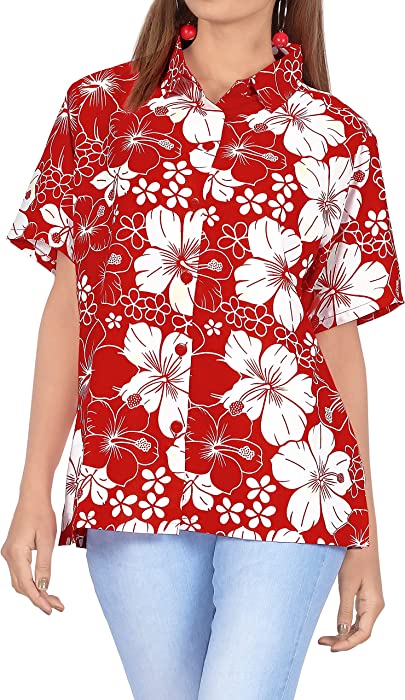 LA LEELA Women's Vacation Camp Blouse Top Hawaiian Shirt