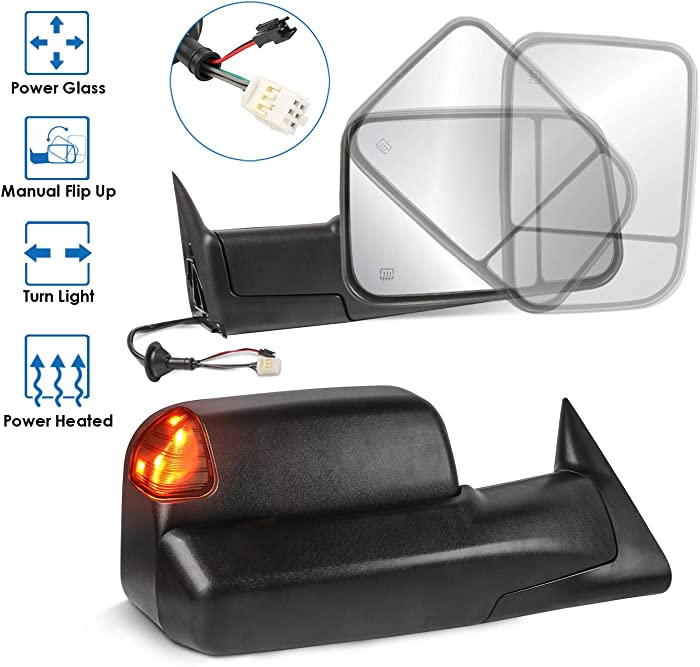 MOSTPLUS Towing Mirror Compatible for 1998-2002 Dodge Ram 1500 2500 3500 Power Heated Mirror w/Led Turn Light (Black)