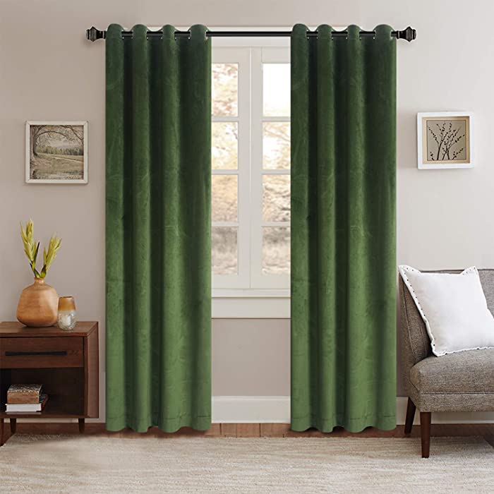 Classic Velvet Mossy Green Set of 2 Black Insulated Solid Grommet Drapes Room Darkening Curtains Panel Drapery 52 by 96-Inch (2 Panels)