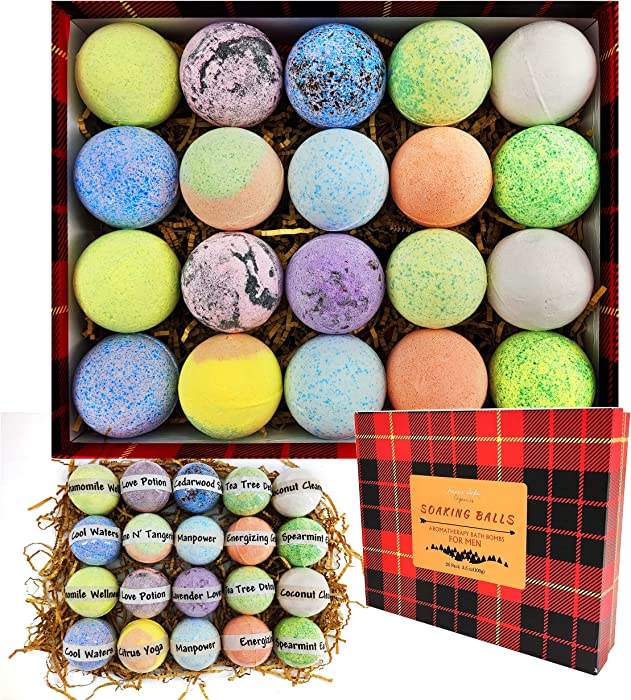 XL Bath Bomb Gift Set for Real Men! 20 Organic Masculine Bath Bombs for Men. Natural Mens Bath Soaking Balls Gift Idea for Husband, Dad & Boyfriend for Holidays. Sulfate & Paraben Free!