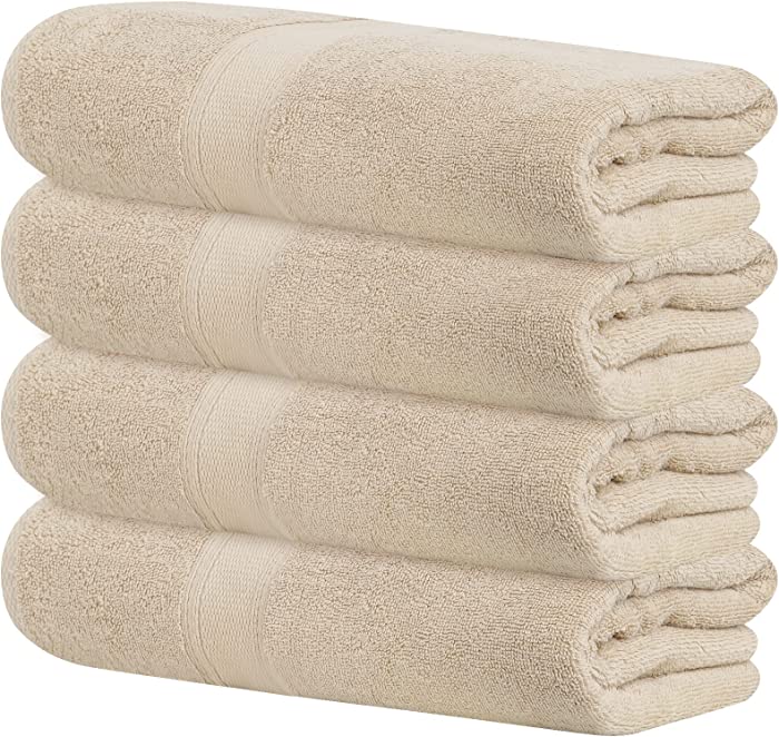 Tens Towels 4 Pc Beige Bath Towels Set, 2 Ply Low Twist Finest Cotton, 27 x 54 Inches, Luxurious Bath Towels for Bathroom, Extra Soft & Absorbent Bathroom Towels