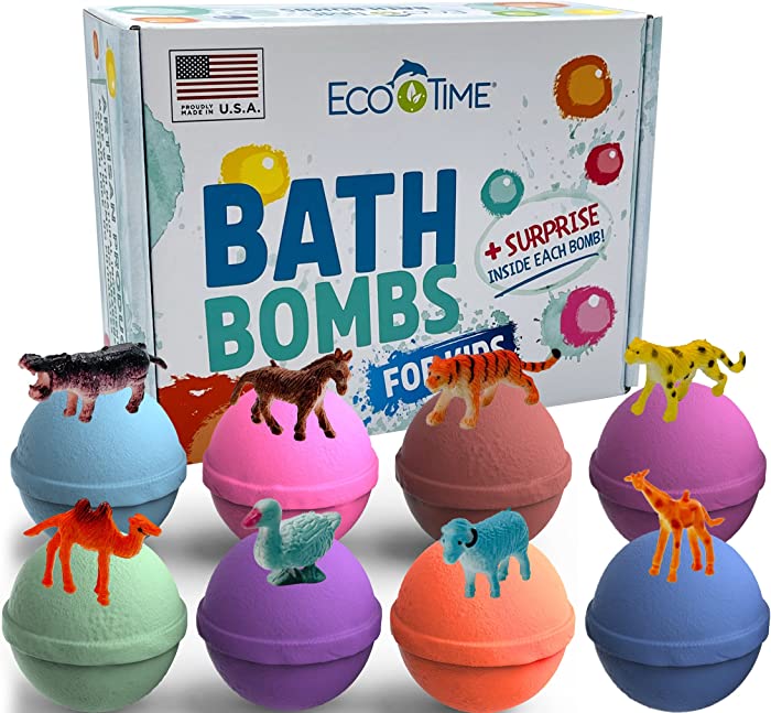 Bath Bombs for Kids with Surprise MINI Toys Animals Inside - Bubble Fizzies with Essential Oils - Multicolored 8 Bath Bombs - Natural & Organic Ingredients Set for Girls and Boys Handmade in the USA