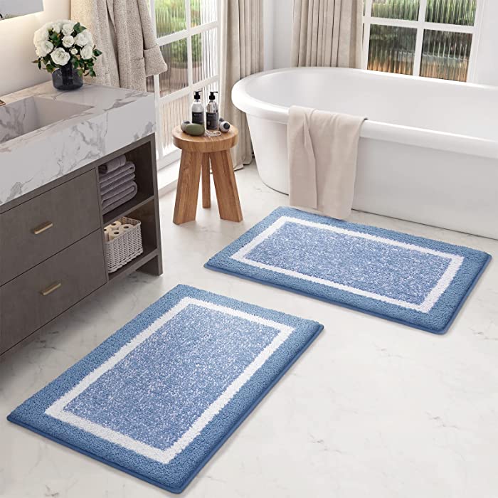 Color G Bathroom Rugs and Mats Sets, 2 Pieces Ultra Soft and Water Absorbent Bath Rug, Bath Carpet, Machine Wash/Dry, for Tub, Shower, and Bath Room (16'' x 24'' + 16'' x 24'', Blue and White)