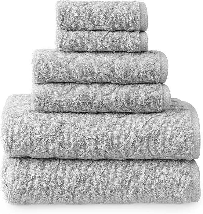 Welhome Athena Cotton Poly Luxurious 6 Piece Towel Set | Silver | Textured | Highly Absorbent | Soft & Fluffy | 600 GSM |Machine Washable | 2 Bath - 2 Hand - 2 Wash Towels