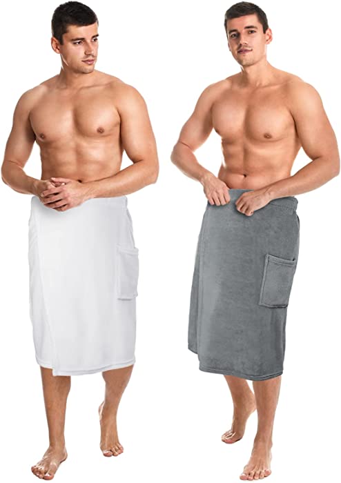 2 Pieces Men's Body Wrap Towel Adjustable Sauna Towels Spa Wrap with Pocket After Shower Wrap Terry Bath Towels Bath Wrap for Men Shower Bath Gym (Grey, White,XL)