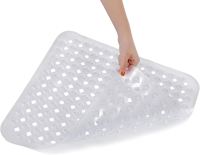 XIYUNTE Non Slip Shower Mats - 21x21inches Square Shower Mat, Anti Slip Bath tub Mat with Suction Cups, Rubber Bath Mat with Drain Holes, Shower Stall Mat for Elderly, Machine Washable, Clear White