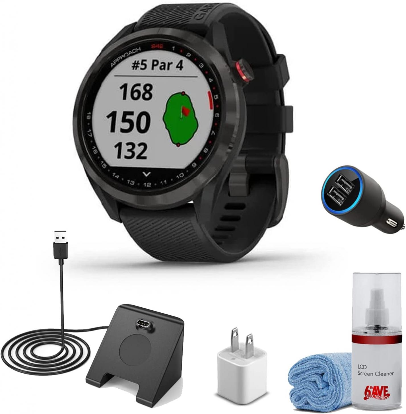 Garmin Approach S42 GPS Golf Smartwatch Gunmetal Ceramic Bezel and Black Silicone Band (Bundle) with Watch Charging Station + USB Charging Cube + USB Car Charger + LCD Screen Cleaning Kit