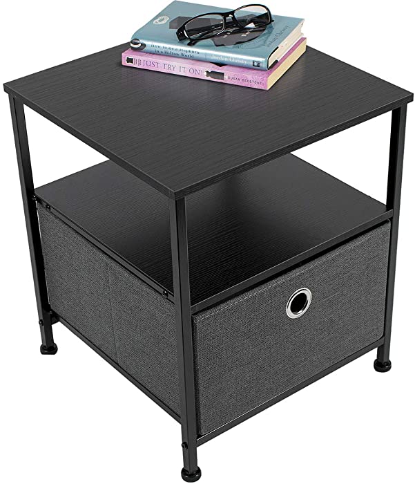 Sorbus Nightstand 1-Drawer Shelf Storage- Bedside Furniture & Accent End Table Chest for Home, Bedroom, Office, College Dorm, Steel Frame, Wood Top, Easy Pull Fabric Bins (Black/Charcoal)