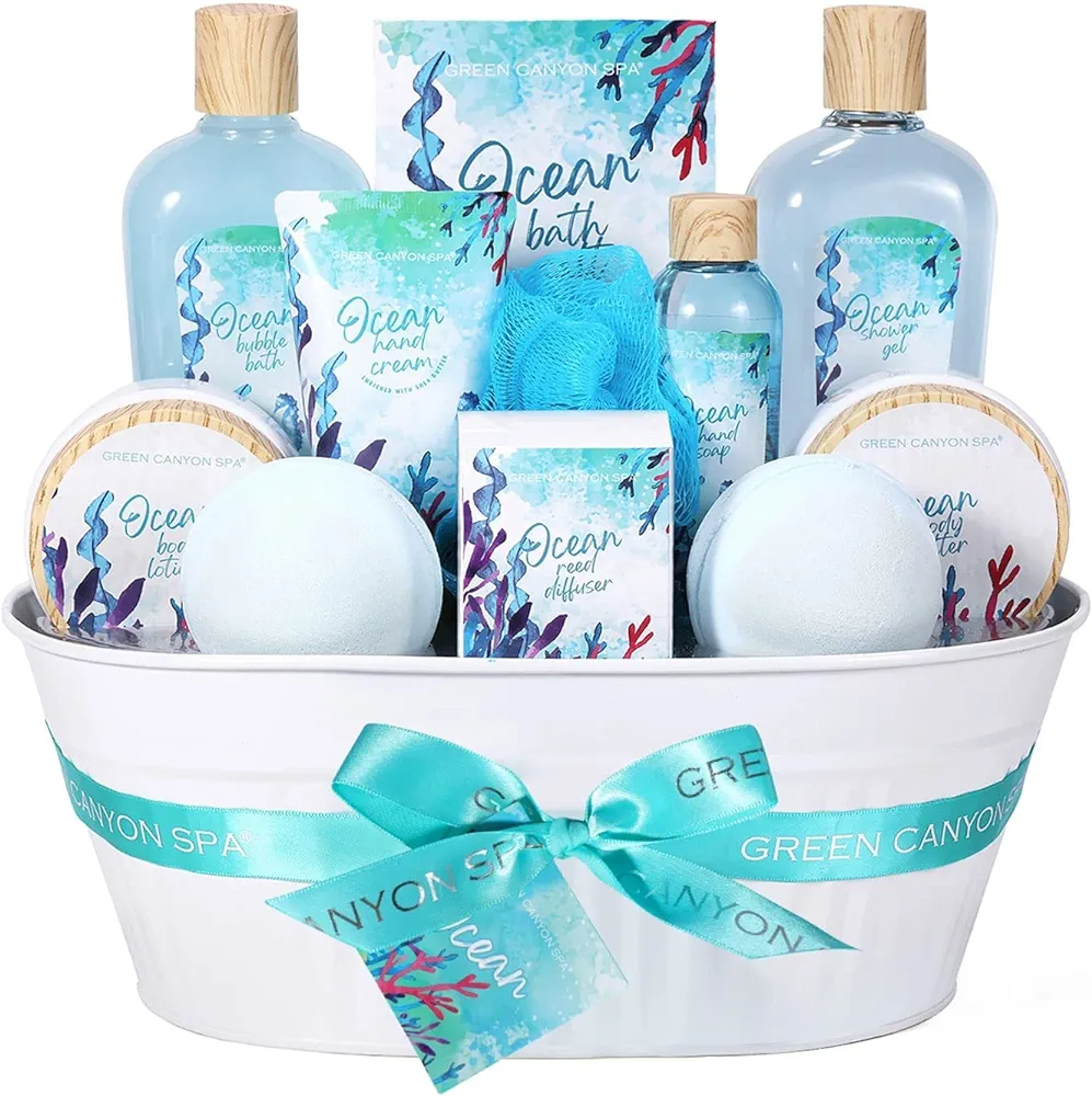 Spa Gift Baskets for Women, Bath and Body Gift Set for Women, 12Pcs Ocean Spa Kit Includes Bubble Bath, Body Lotion, Birthday Beach Wedding Gifts for Her, Christmas Spa Basket Bath Set