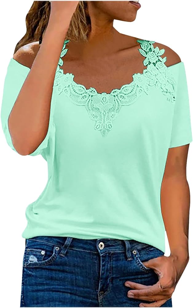 Ceboyel Women's Guipure Lace Trim Tops Cold Shoulder Plain Shirts Blouses Sexy Dressy Casual Tunic Boho Spring T-Shirt 2023