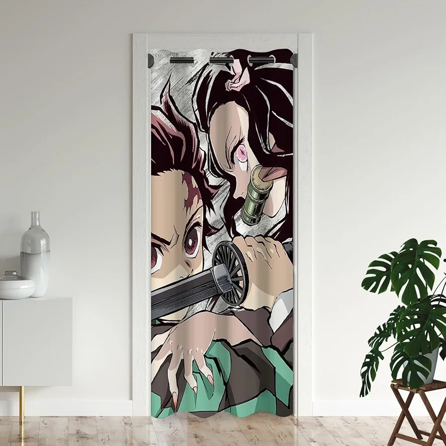 Anime Door Curtains for Doorways, Kamado Tanjirou and Nezuko Blackout Curtain for Kids Bedroom Closet, Grommet Thermal Insulated Privacy Door Drapes for Room Divider, 42" W x 80" L