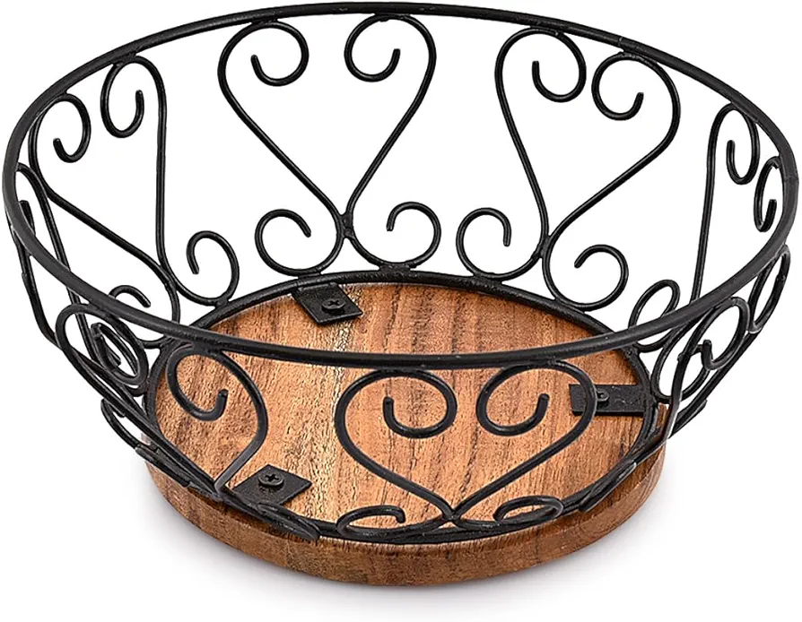 Iron Fruit Bowl With Wooden Base for Kitchen Countertop & Dining Room and Pantries (9" x 9" x 4")