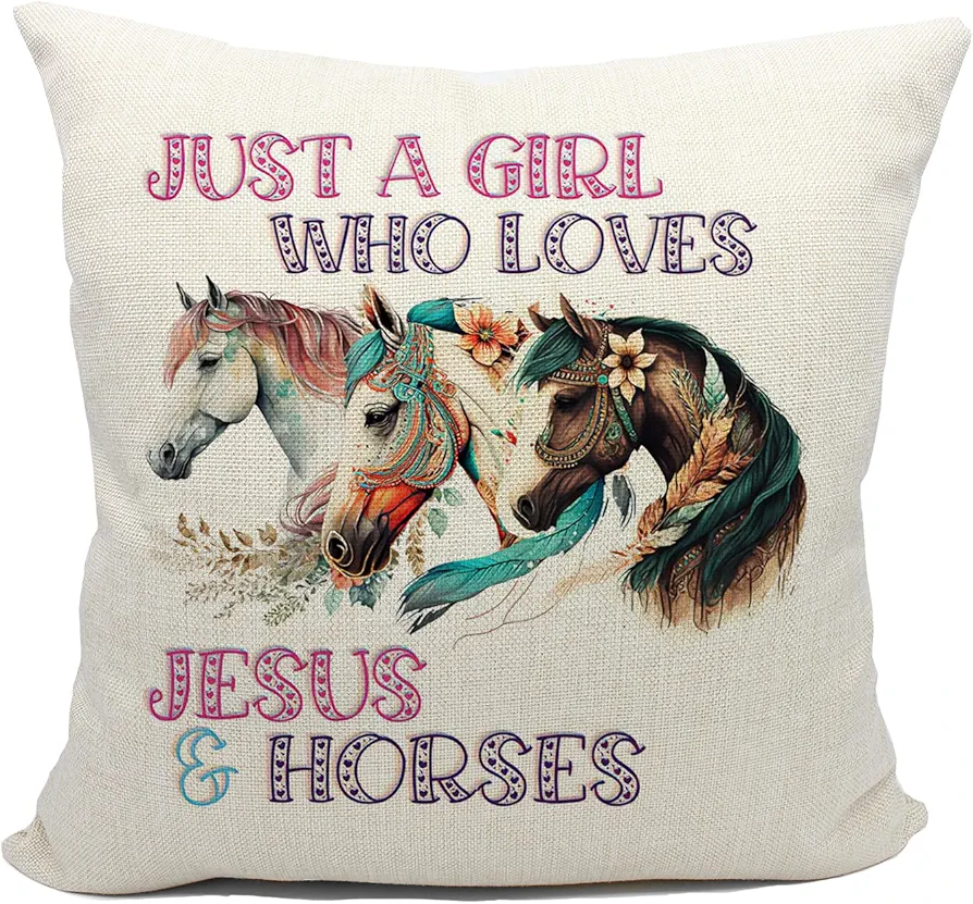 horse pillow,horse Pillow Covers 18x18, horse pillow for girls,horse decor Linen Cushion Cover for Bedroom Girls Room,horse room decor,horse decor for girls room