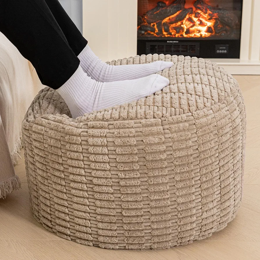 Pouf Ottoman Round Ottoman Foot Rest Foot Stool Poufs for Living Room Bean Bag Chair Storage Solution or Wedding (Light Brown Pouf with Filler)