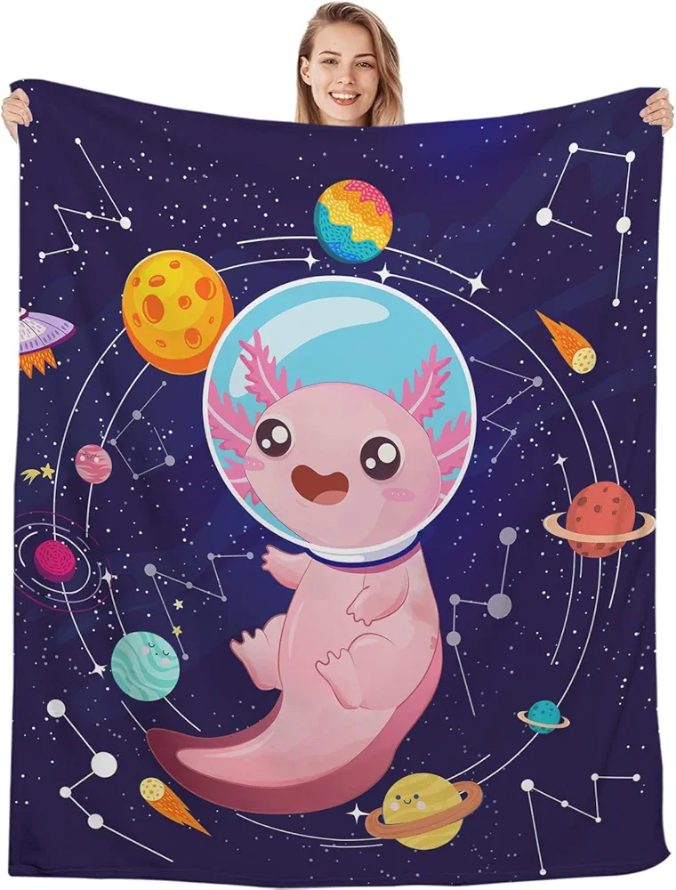 Axolotl Space Blanket for Axolotl Gifts, Soft Fuzzy Axolotl Galaxy Blankets and Throws for Sofa Out Space Room Decor, Pink Axolotl Plush Stuff for Teen Girls 40x50 Inches