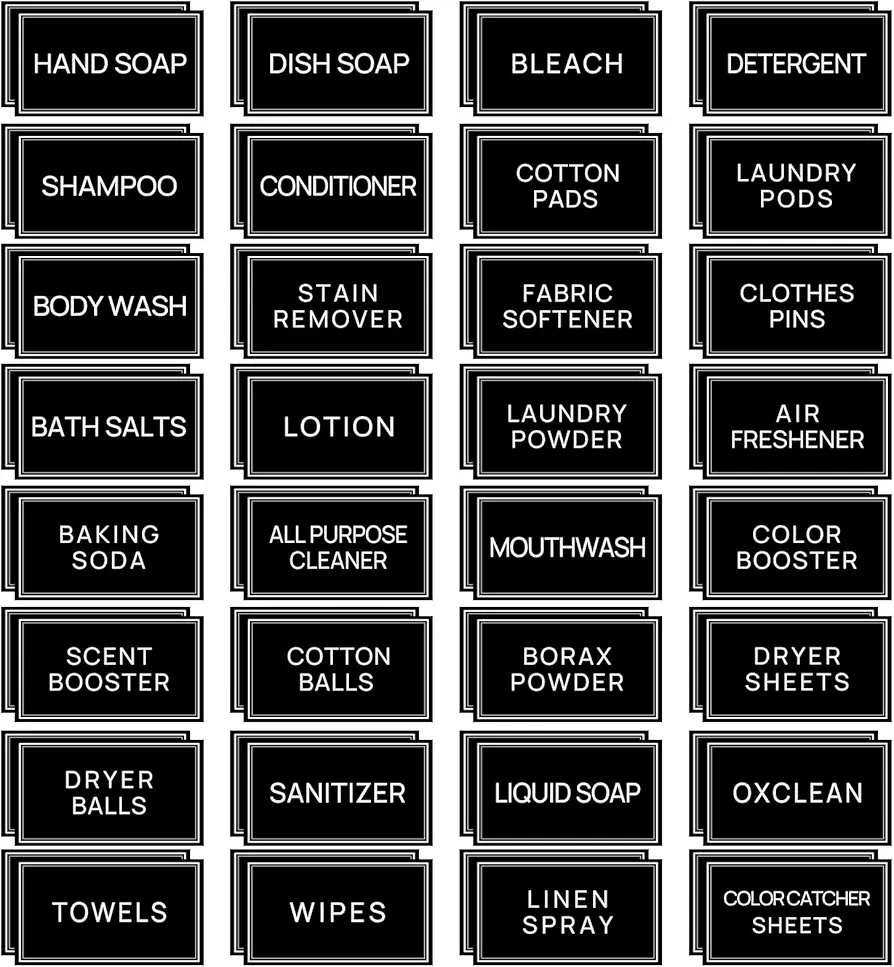 64 PCS Laundry Labels for Jars,Minimalist Laundry Room and Bathroom Label Stickers,Removable Waterproof Labels for Laundry Containers,Home Storage Organization(Black)