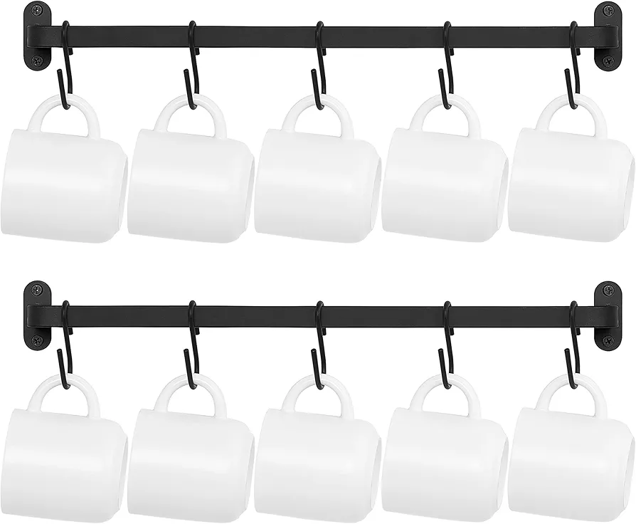 Dahey Mug Holder Wall Mount, Metal Coffee Mug Rack Hanger with 10 Mug Hooks, Mug Display Rack Rustic Utensil Cups Storage Organizer for Kitchen Dining Room Coffee Bar, Set of 2, Black