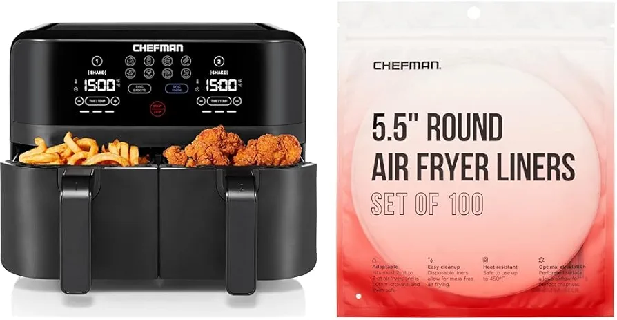 Chefman TurboFry Touch Dual 4.5QT Air Fryer Bundle With 100 5.5" Round Disposable Liners