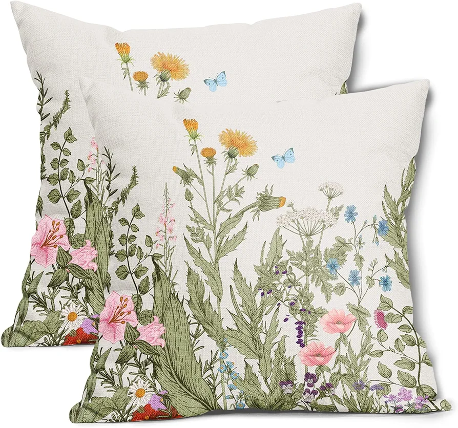 Spring Summer Pillow Covers 18X18 in Sage Green Leaves Plant Couch Pillow Cases Blue Butterfly Pink Yellow Floral Throw Pillows Set of 2 Farmhouse Home Decor for Room Outdoor Porch Patio Cushion