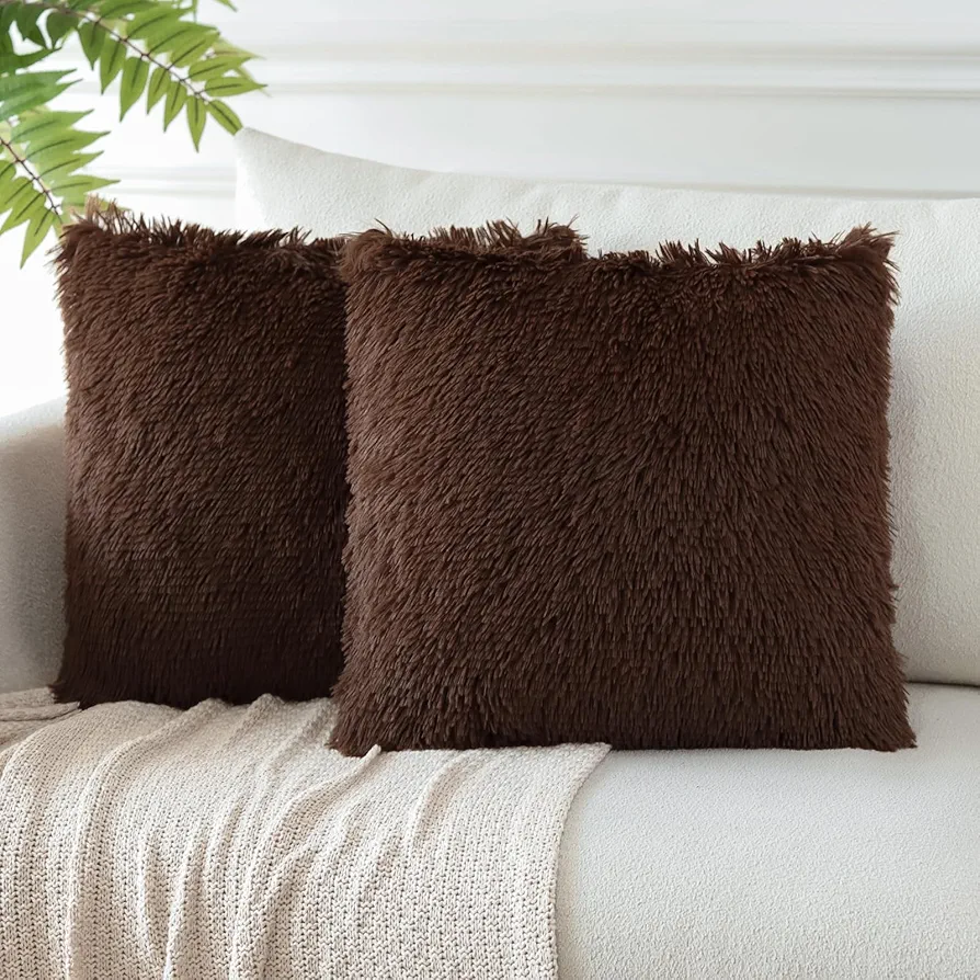 OTOSTAR Pack of 2 Luxury Faux Fur Soft Decorative Throw Pillow Covers 18 x 18 Inch Solid Square Cushion Cover Couch Home Winter Decor Pillow Cases for Sofa Bedroom Living Room (Chocolate)