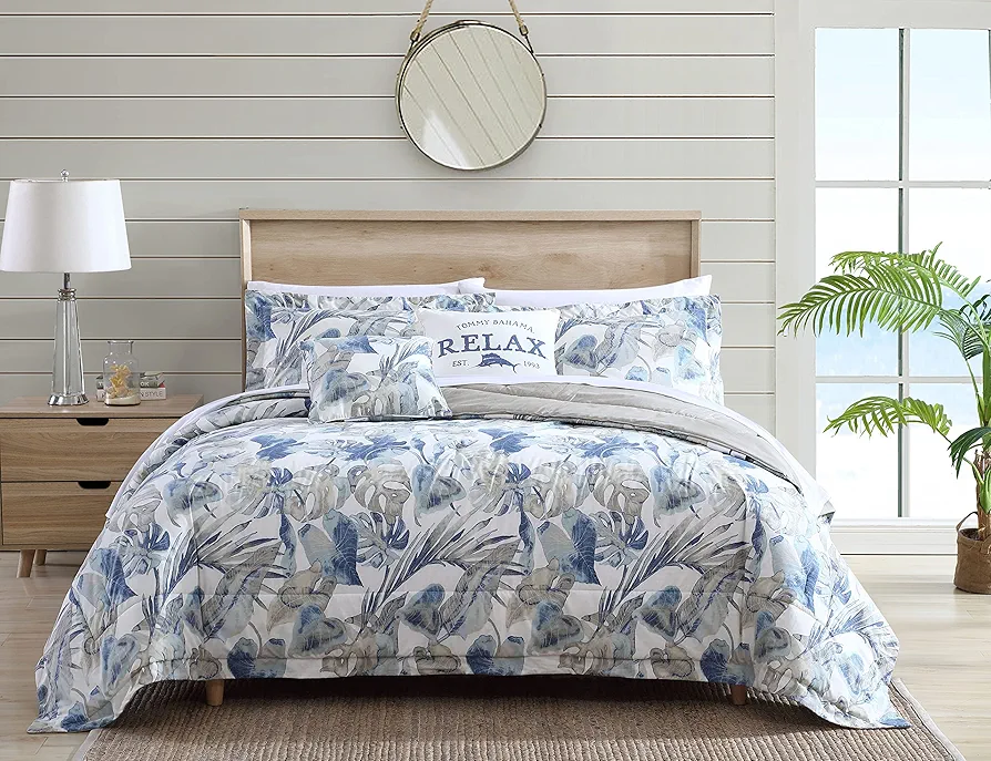 Tommy Bahama - Queen Comforter Set, Cotton Reversible Bedding with Matching Shams & Bedskirt, All Season Home Decor (Raw Coast Blue, Queen)