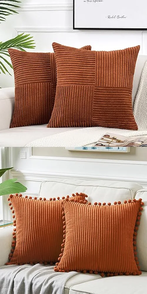 Fancy Homi 4 Packs Rust Boho Decorative Throw Pillow Covers 18x18 Inch for Living Room Couch Bed, Farmhouse Home Decor, Soft Corss Corduroy with Pom poms