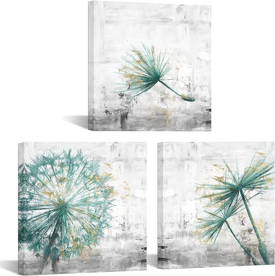 3 Piece Framed Canvas Wall Art Teal Dandelion on Rustic Grey Background Canvas Prints Home Artwork Decoration for Living Room Bedroom Farmhouse Decor 16x16x3 Panels (Medium)