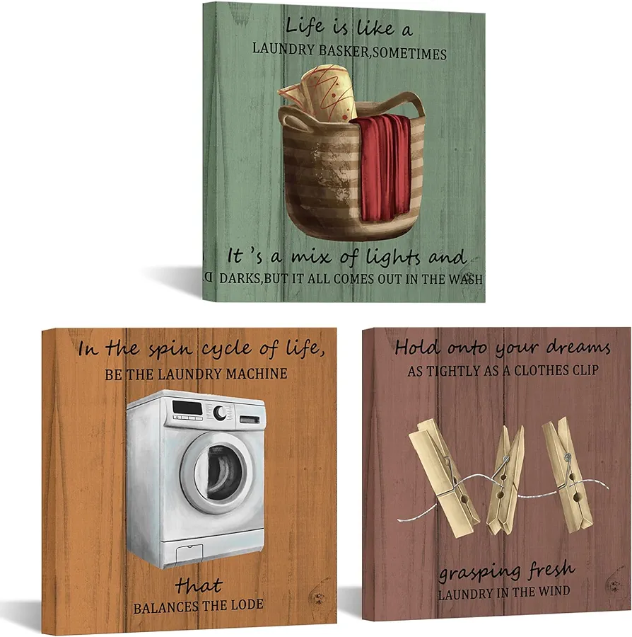 iKNOW FOTO 3 Piece Laundry Room Canvas Wall Art - 'Wash, Dry, Fold' Laundry Signs with Positive Quotes, Vintage Country Farmhouse Bathroom Decor, Framed Prints Ready to Hang, 12x12 Inches Each