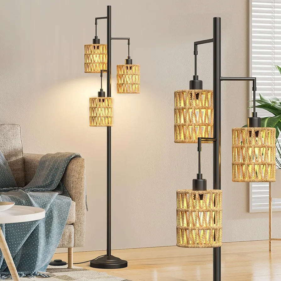 3-Lights Rattan Floor Lamps with ON/Off Foot Switch Tree Standing Lamp with Wood Rattan Lampshades Boho Floor Lamp Tall Pole Lamp for Living Room Bedroom Office, 3 PCS 6W Bulbs Included