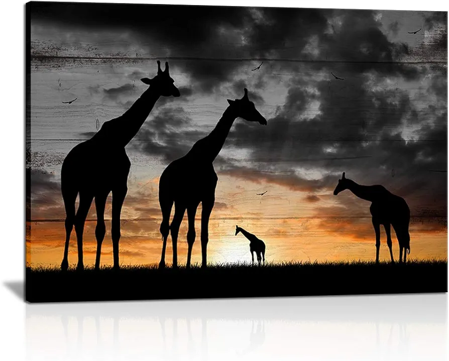 SkenoArt Giraffes Canvas Wall Art Africa Golden Sunset Landscape Poster Animal Family Picture Prints Black and White Poster Wall Decoration for Home Living Room Bedroom Bathroom Decor 16"x24"