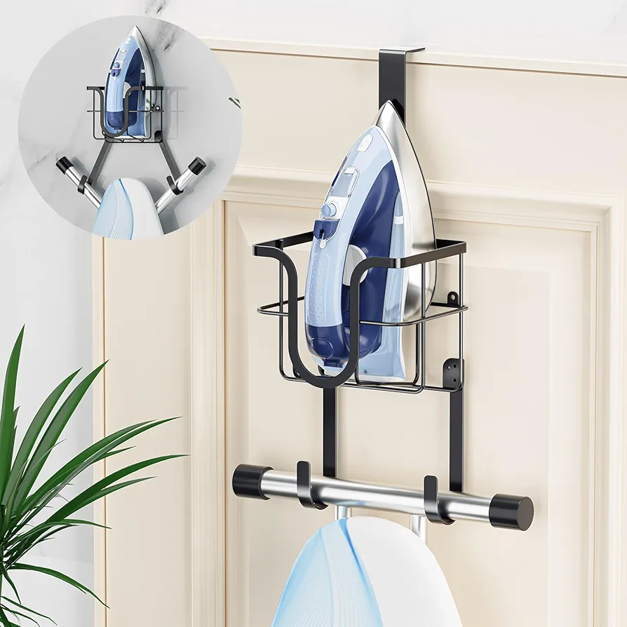 Ironing Board Hanger, Over The Door Ironing Board Holder Or Ironing Board Hanger Wall Mount, Iron Holder, Laundry Room Iron and Ironing Board Holder with Storage Basket and Removable T&Y Hook