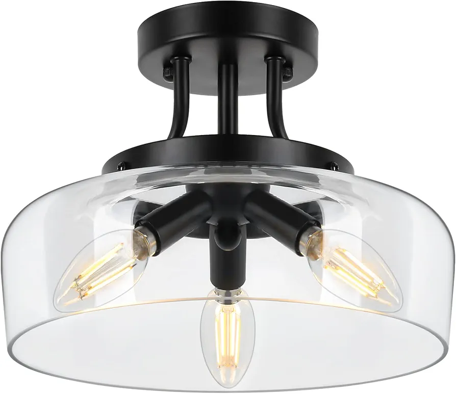 Modern Industrial Semi Flush Mount Ceiling Light with Clear Glass Shade, 3-Bulb Black Ceiling Light Fixture for Kitchen Bedroom Living Room Porch Hallway Entryway, E12 Socket, Bulbs Not Included