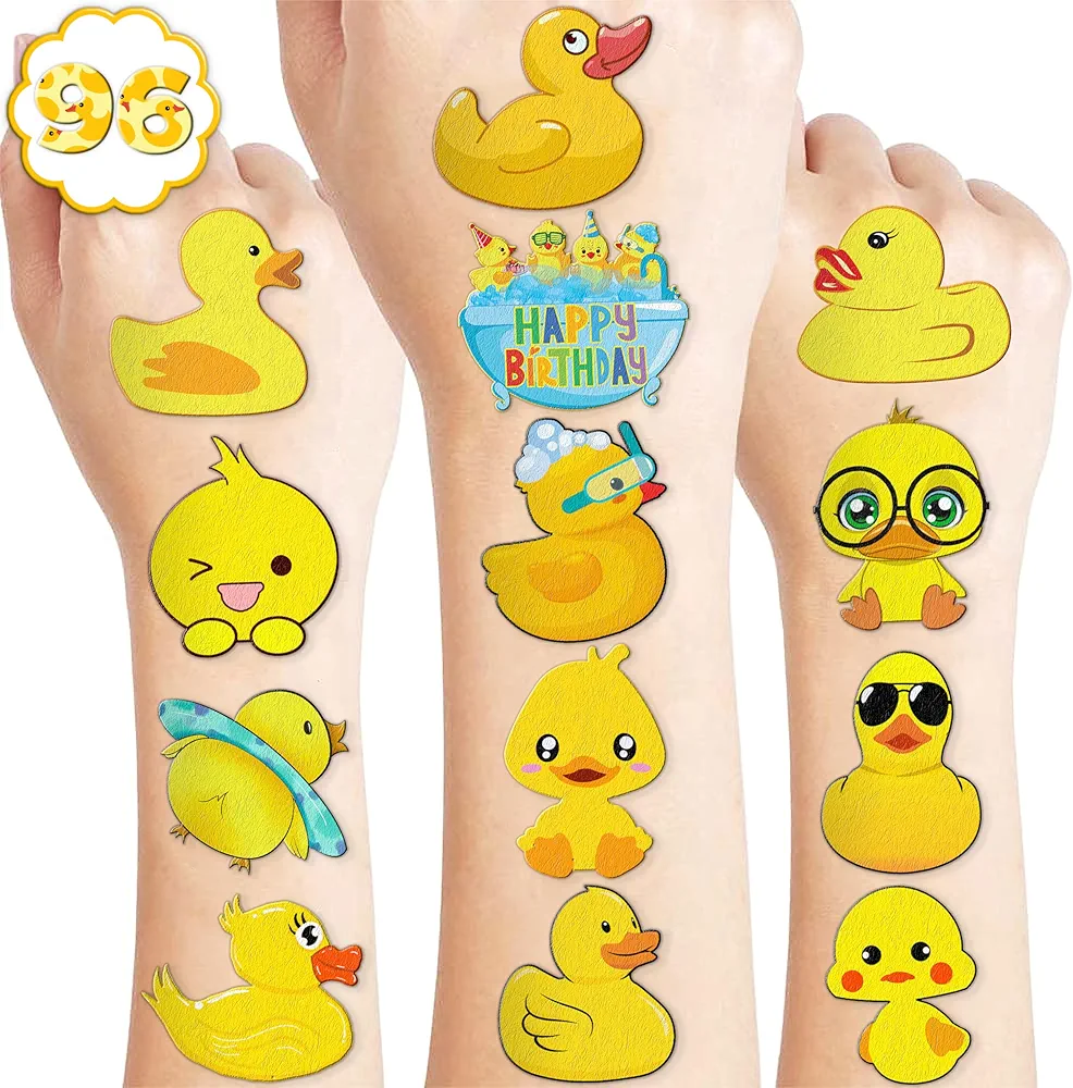 100 PCS Rubber Duck Temporary Tattoos Themed Birthday Party Decorations Supplies Favors Decor Cute Little Yellow Ducky Tattoo Stickers Gifts For Game Boys Girls Classroom School Prizes Carnival