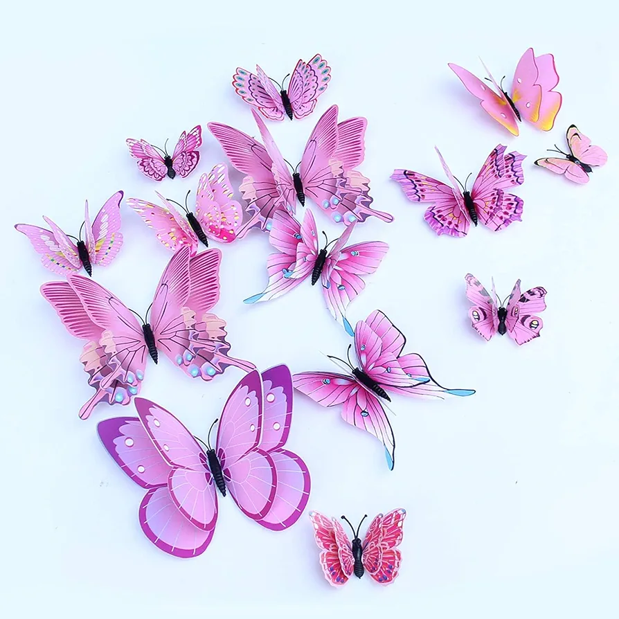 24Pcs 3D Butterfly Wall Decor Removable Butterfly Decoration for Girls Room Butterflies Decals Birthday Party Decorations Kids Bedroom Butterfly Stickers Magnets Pink