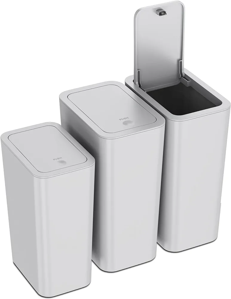 N. NETDOT 3 Pack (2 of 4 Gal & 1 of 2.6 Gal) Small Trash Can with Lid,Bathroom Garbage Can with Pop-Up Lid,Waste Basket for Bathroom,Kitchen,Bedroom,Powder Room,Craft Room,Office,College (Gray)