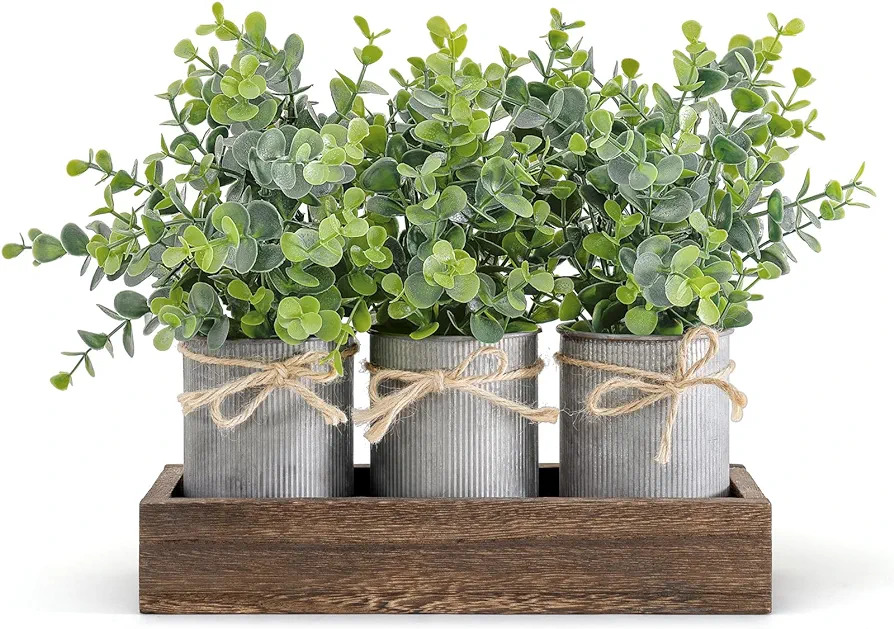 Dahey Centerpiece Table Decorations Coffee Table Decor Wood Tray 3 Galvanized Pots with Artificial Eucalyptus Plants Farmhouse Decor Table Centerpieces for Dinning Living Room Bath Kitchen, Brown