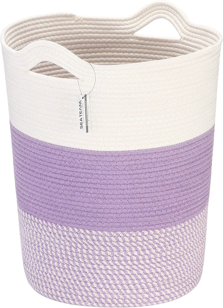 Sea Team Large Size Cotton Rope Woven Storage Basket with Handles, Laundry Hamper, Fabric Bucket, Drum, Clothes Toy Organizer for Kid's Room, 20 x 14 inches, Round Open Design, White & Mottled Purple