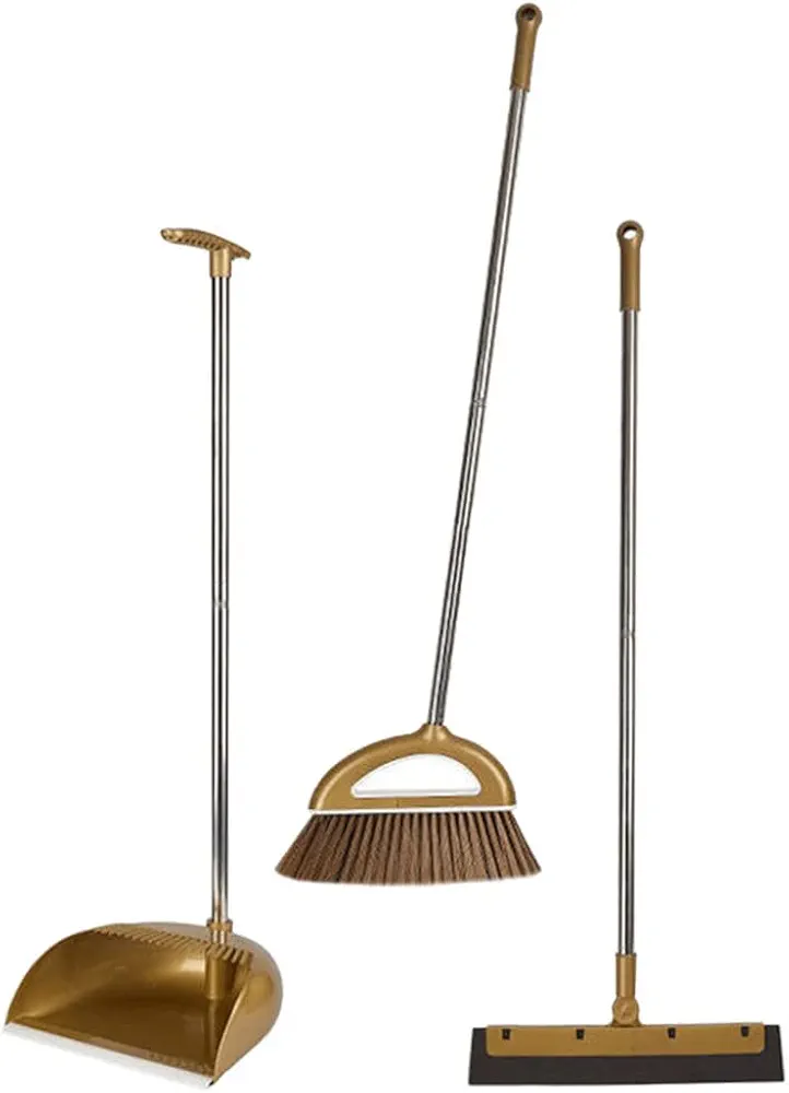 GANAZONO Broom Dustpan Scraper Set Long Handle Stand Up Broom Combo Dustpan for Home Kitchen Room Office Lobby Floor