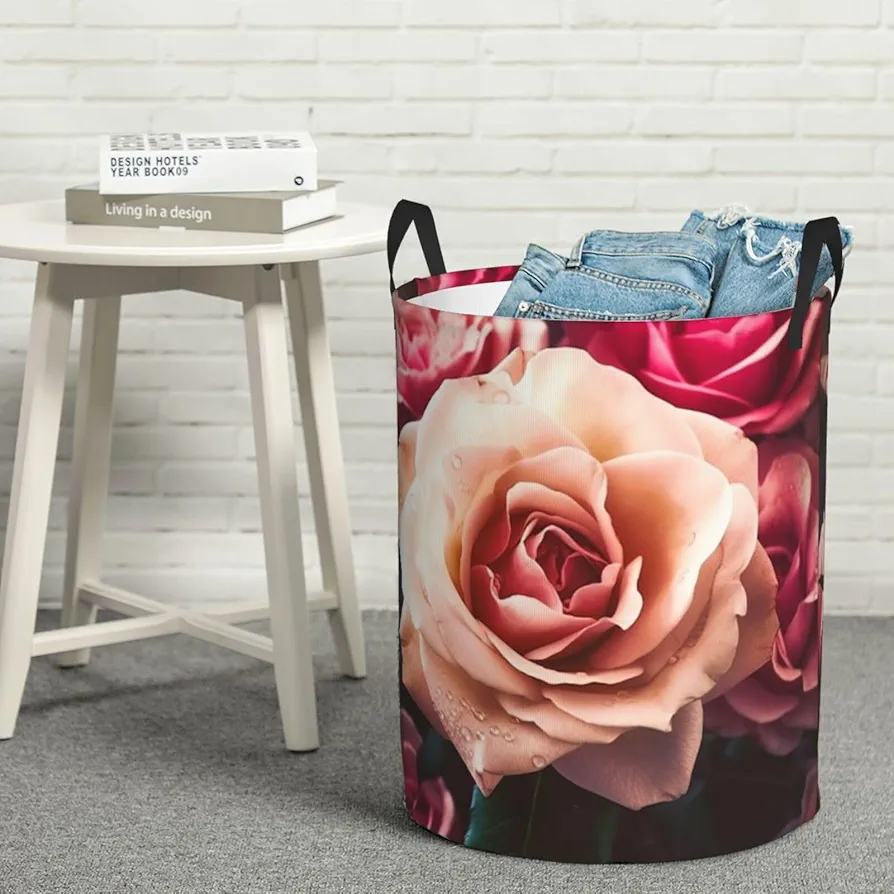 Laundry Basket Waterproof Laundry Hamper With Handles Dirty Clothes Organizer Elegant Rose Flower Floral Print Protable Foldable Storage Bin Circular Storage Bag For Living Room Bedroom Playroom