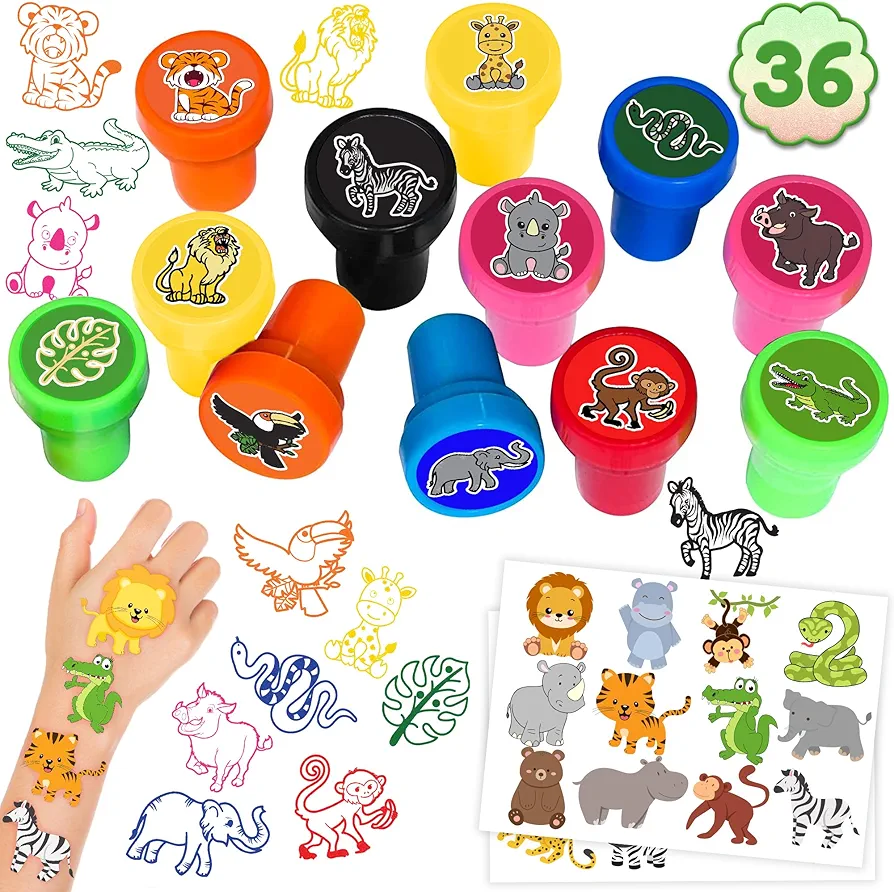 36Pcs Jungle Party Favors 24Pcs Tattoos 12Pcs Stamp Set Zoo Animal Themed Birthday Party Decorations Supplies Classroom Coloring Gifts Cute for Reward Girls Boys Baby Shower Gifts Ideals Prizes