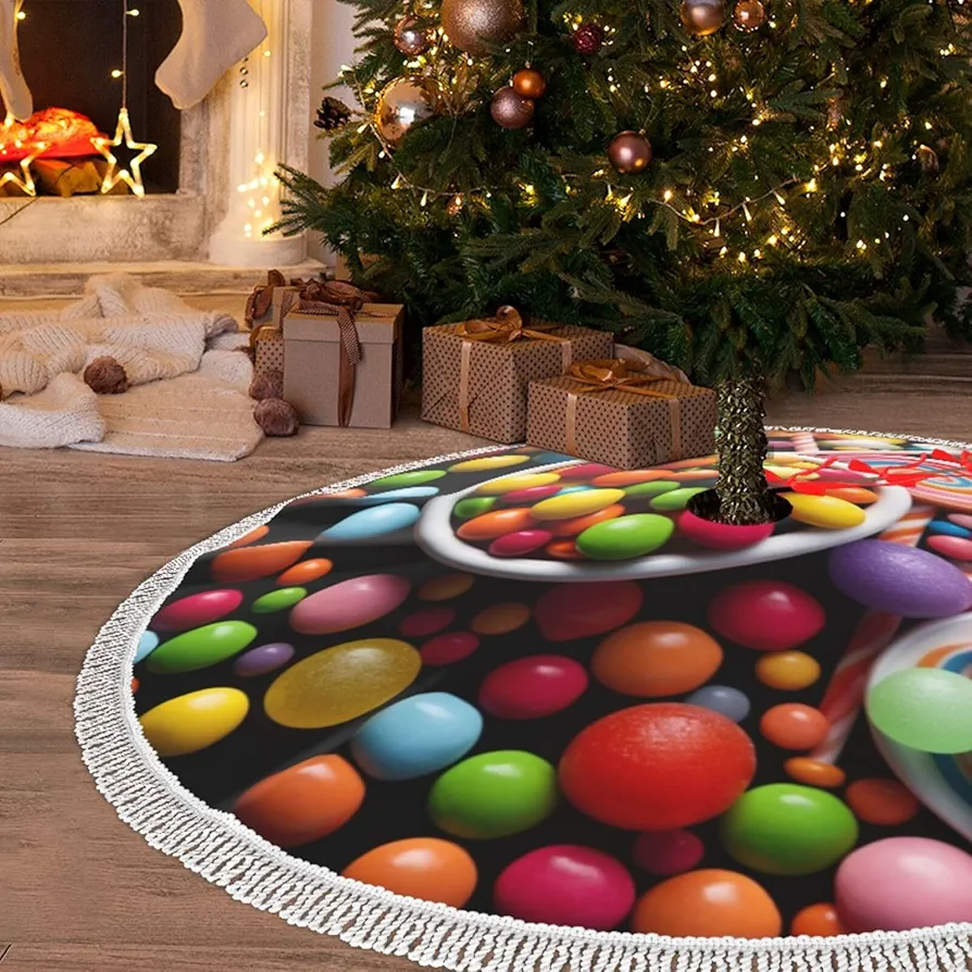 Christmas Tree Skirt with Tassel Colour Candy 48" Xmas Tree Skirts Tassel Tree Mat Ornament for Home Indoor Outdoor Room Holiday Decoration