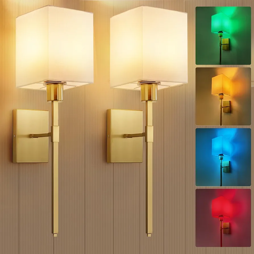 SURAIELEC Battery Operated Wall Lights Set of 2, Non Hardwired Wall Sconce with Remote, Timer and 12 RGB Colors, Gold Wireless Rechargeable Wall Lamp for Bedroom Living Room, Rectangle