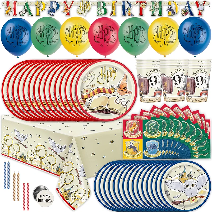 Harry Potter Birthday Decorations Kit | Harry Potter Birthday Party Supplies | With Harry Potter Balloons, Table Cover, Banner, Dinner and Cake Plates, Napkins, Cups, Candles, Button | Serves 16