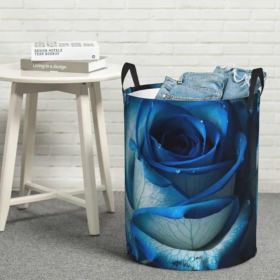 Laundry Basket Waterproof Laundry Hamper With Handles Dirty Clothes Organizer Blue Roses Print Protable Foldable Storage Bin Bag For Living Room Bedroom Playroom, Small, Black