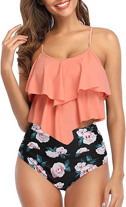 Women Swimsuit Women 2 Piece Split Swimsuit Ruffle Vest High Waist Tummy Bikinishort Floral Swimsuit Bikini Set