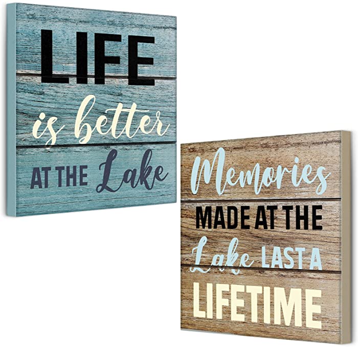 2 Pcs Summer Lake House Decor Memories at The Lake Life Is Better at The Lake Box Sign Wooden Motivational Decor Rustic Lake Cabin Home Wall Decor Primitive Country Lake Sign Farmhouse Kitchen Decor