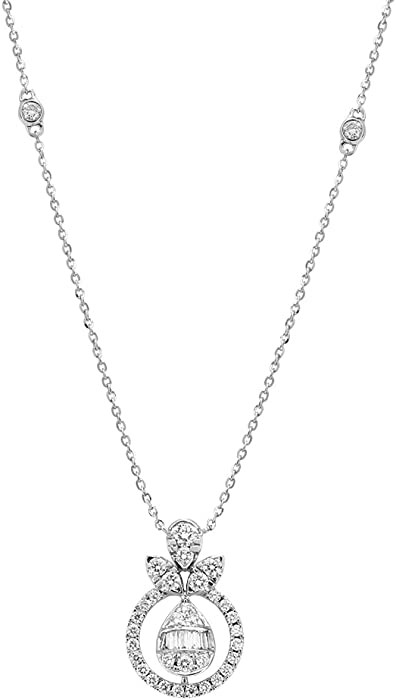 2/3 Carat Baguette Cut Diamond Pendant Necklace for Women in 18k White Gold (G-H, SI2-I1, cttw) on 18 Inch Chain with Lobster Claw Clasp by AARA JEWELERY