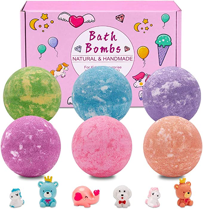 Bath Bombs for Kids, Sanyi 6 Pcs Bath Bombs with Surprise Inside, Natural Spa Bubble Bath Set for Girls, Perfect Christmas Birthday Holiday Gifts for Girls and Boys , Women